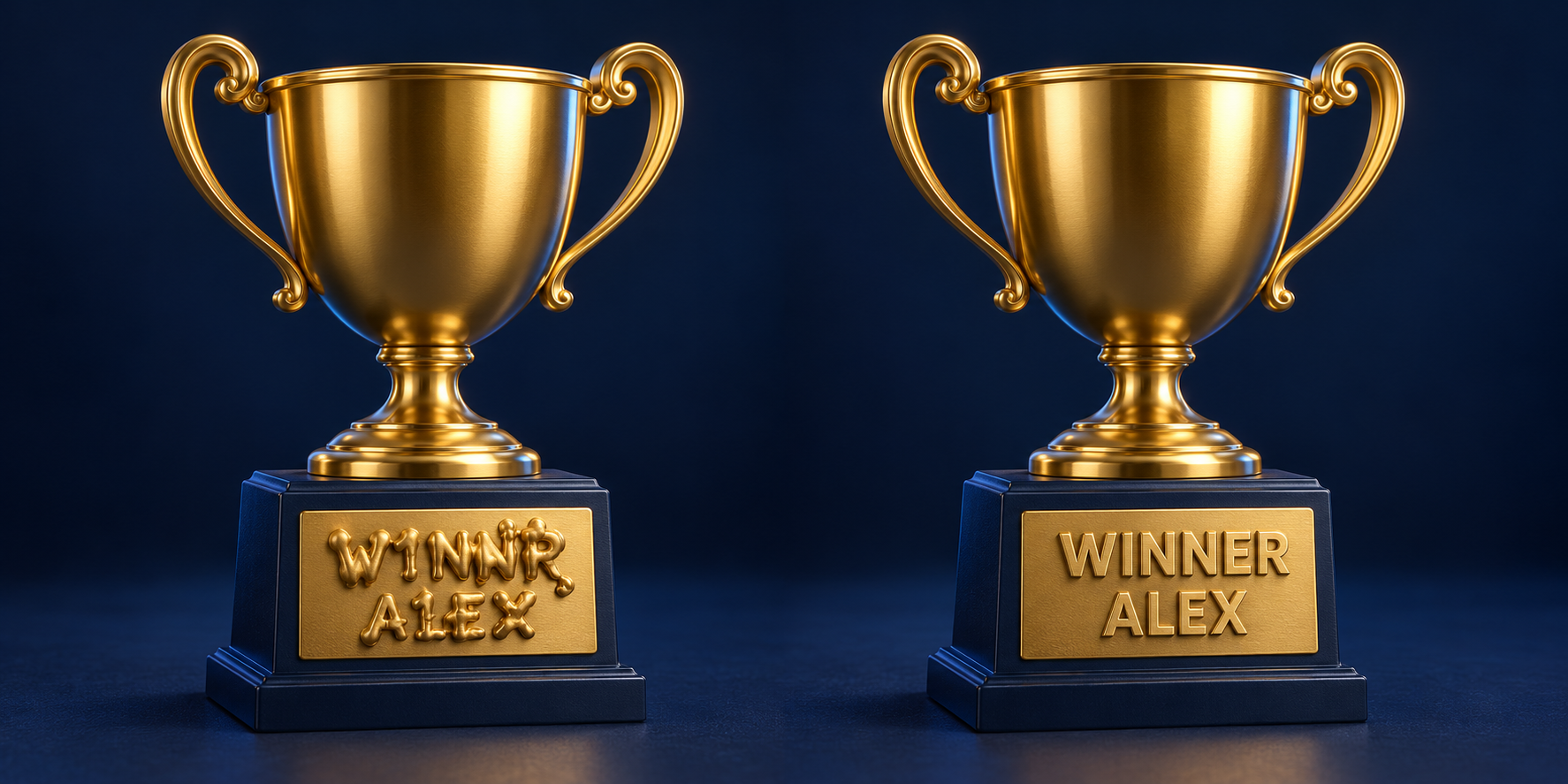 Illustrated comparison of gold trophies: garbled AI lettering on the left and clean WINNER / ALEX lettering on the right.